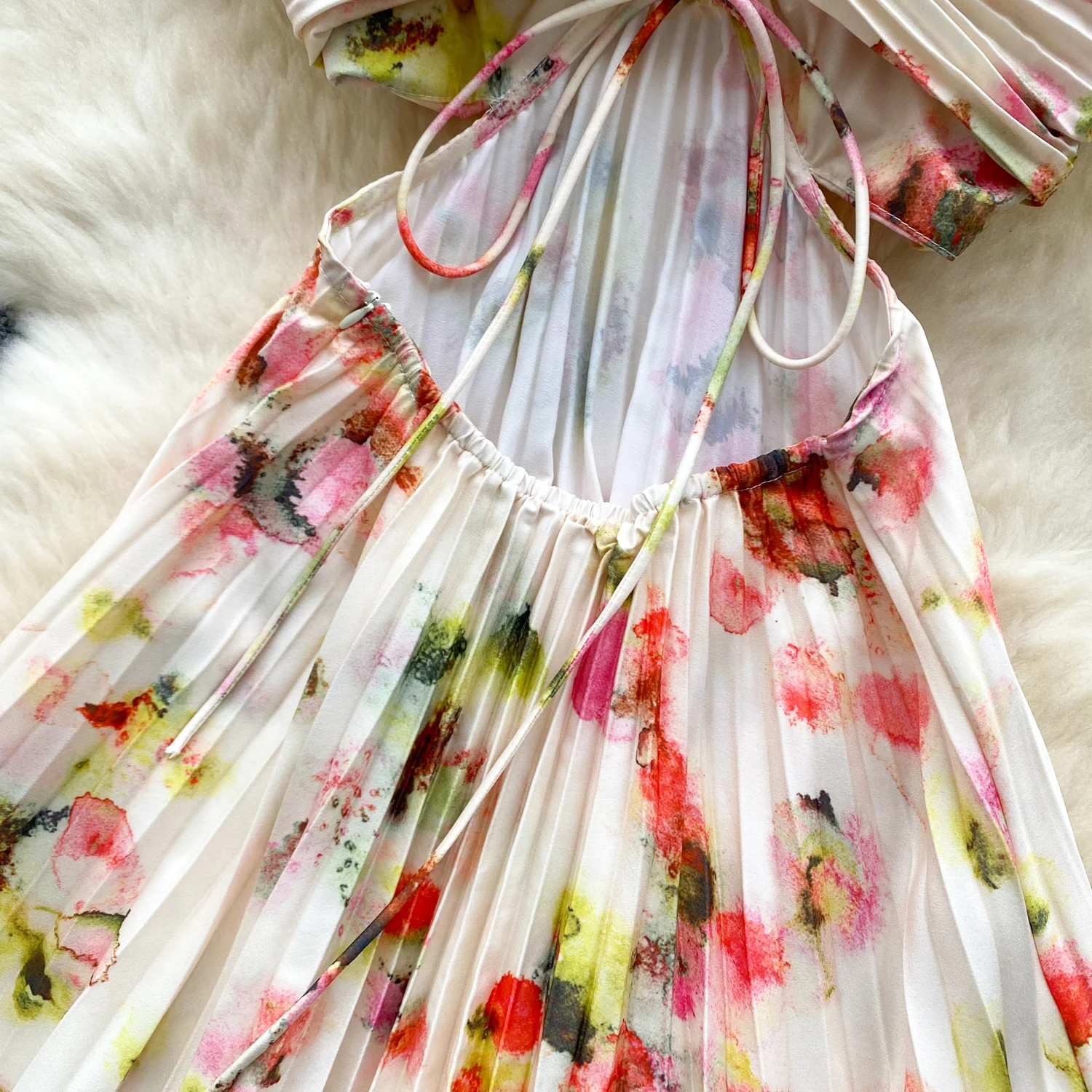 Vestido longo feminino plissado com estampa floral, verão, sem alças, halter, costas nuas, vazado, praia, férias, festa, maxi vestidos