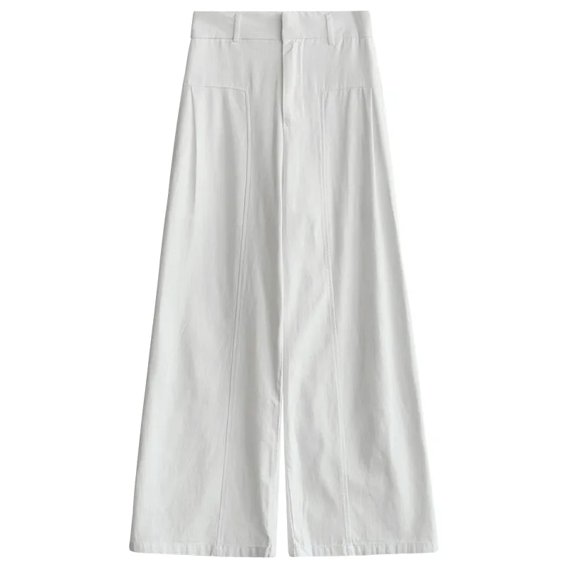 White Linen and Ramie Wide Leg Pants for Women in Spring and Summer High Waist and Drooping Feeling Vintage Style Straight Tube