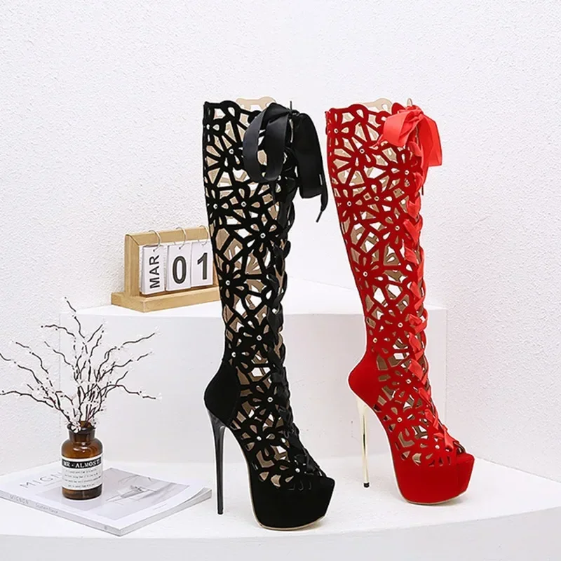 16CM Ultra Thin High Heels Sexy Nightclub Hollow Out Over The Knee Boots Women Peep Toe Lace-Up Zip Platform Shoes Sandals