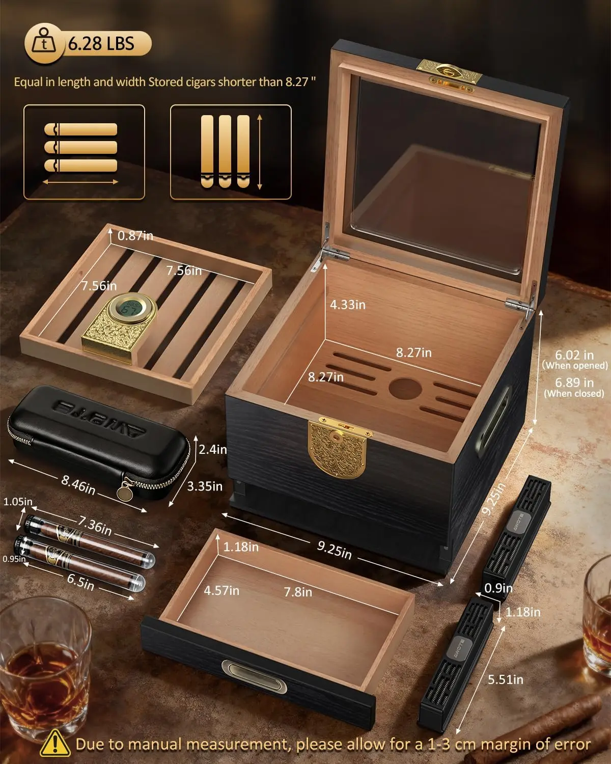 Premium cederhouten humidor met glazen deksel, digitale hygrometer, lederen etui, tube en accessoireslade - Zwarte cadeauset