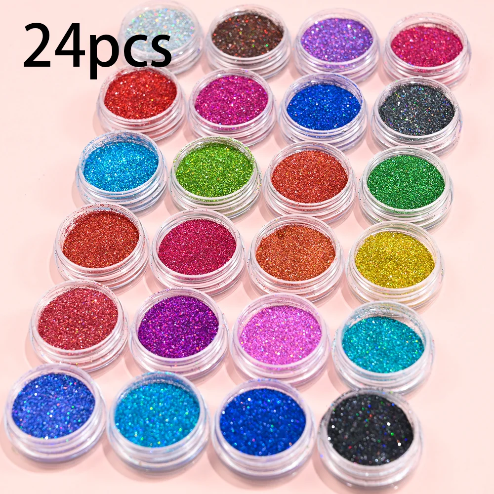 12/24pcs Laser Glitter Powder Set 0.2mm Fantasy Neon Colors Holographic Glitter Sequins Nail Powder Set Nail Art Manicure Powder