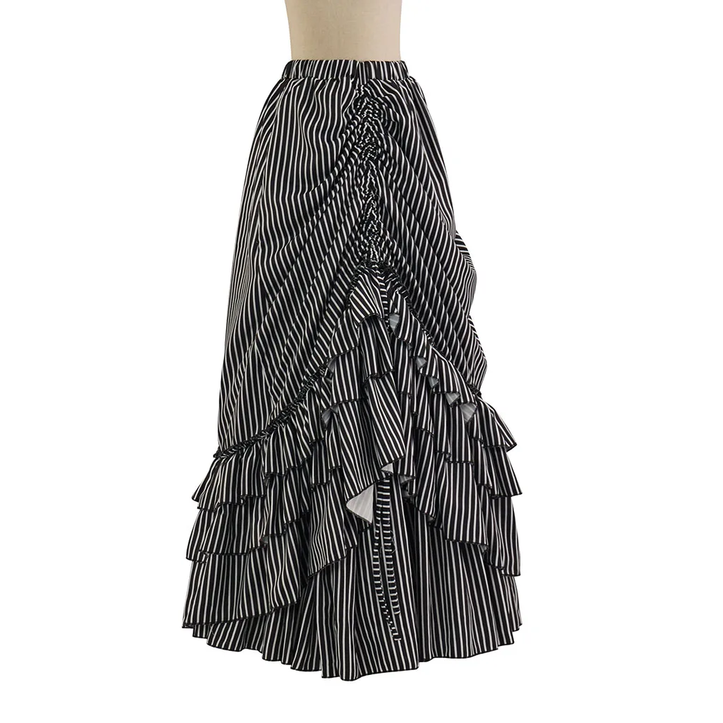 Steampunk Women Gothic Skirts Irregular Shirring Maxi Long Skirt Vertical Stripes High Low Costumes Renaissance Ruffles Skirts