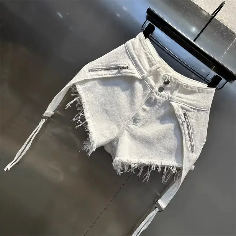 White Zipper Splicing High Waist Buckle Rough Edge Irregular Denim Shorts Summer A-word Wide-leg Hot Pants