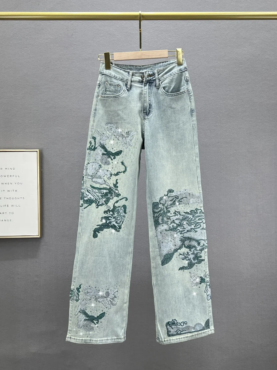 

Женские джинсы Ele с вышивкой, высокой талией и широкими штанинами, модные весенние, свободного кроя, стройнящие, удлиненные, из денима