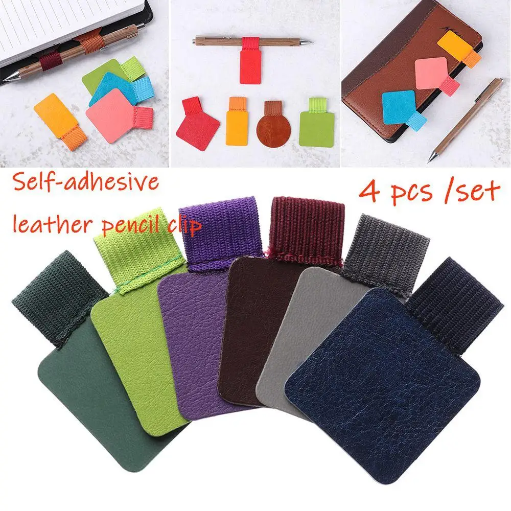 4 Pcs / Set Portable Multicolor Notebook Accessories Pencil Elastic Loop Leather Self-adhesive Pens Holder Pen Clips