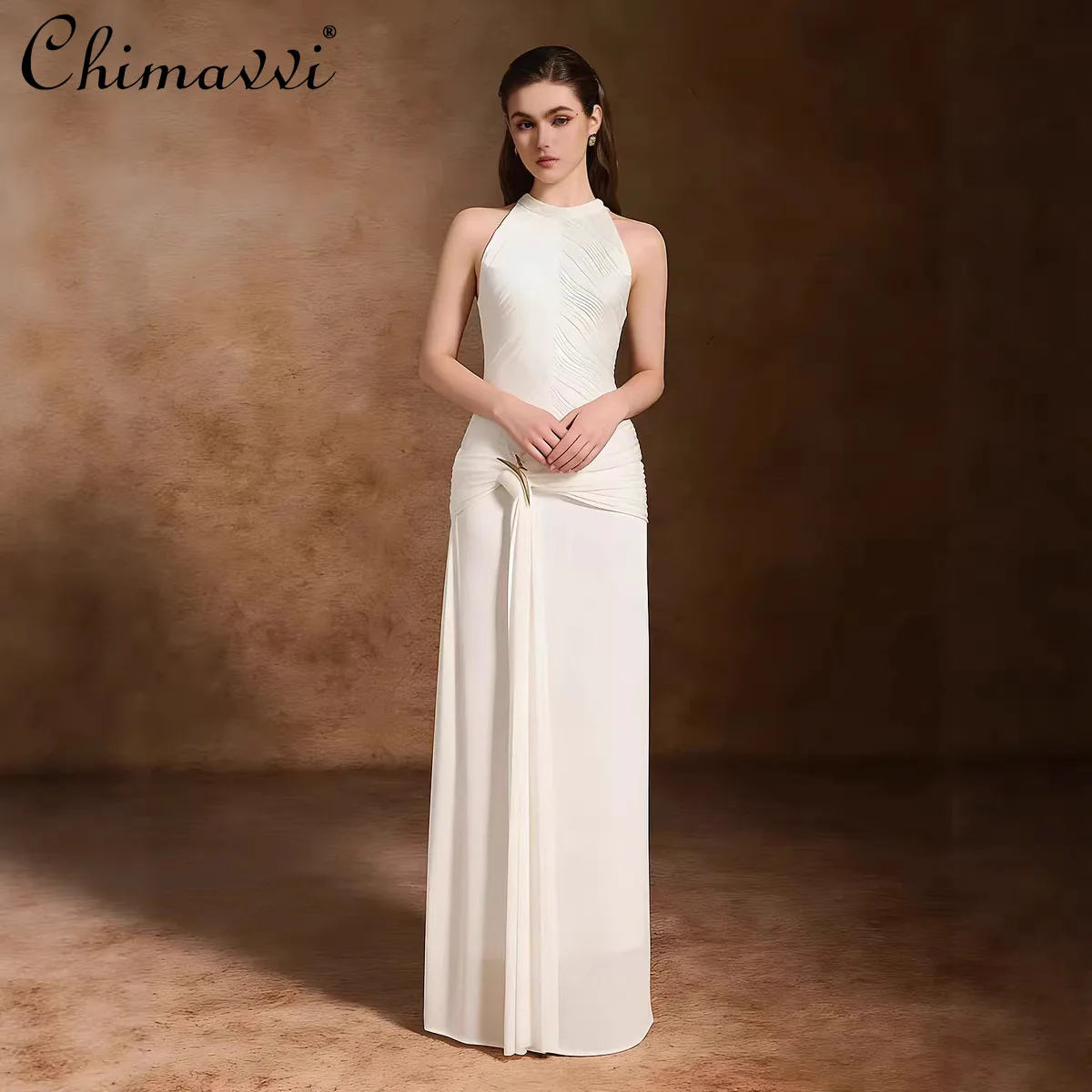 

French Elegant Socialite Kink Pleated Halter Sleeveless Dresses High Waist Slim White Evening Party Long Dress For Women 2026