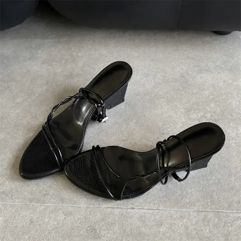

Aneikeh Fashion Narrow Band Women Gold Wedge Sandals Print Open Toe Ankle Strap Heeled Sandals Elegant Party Wedding Summer Shoe