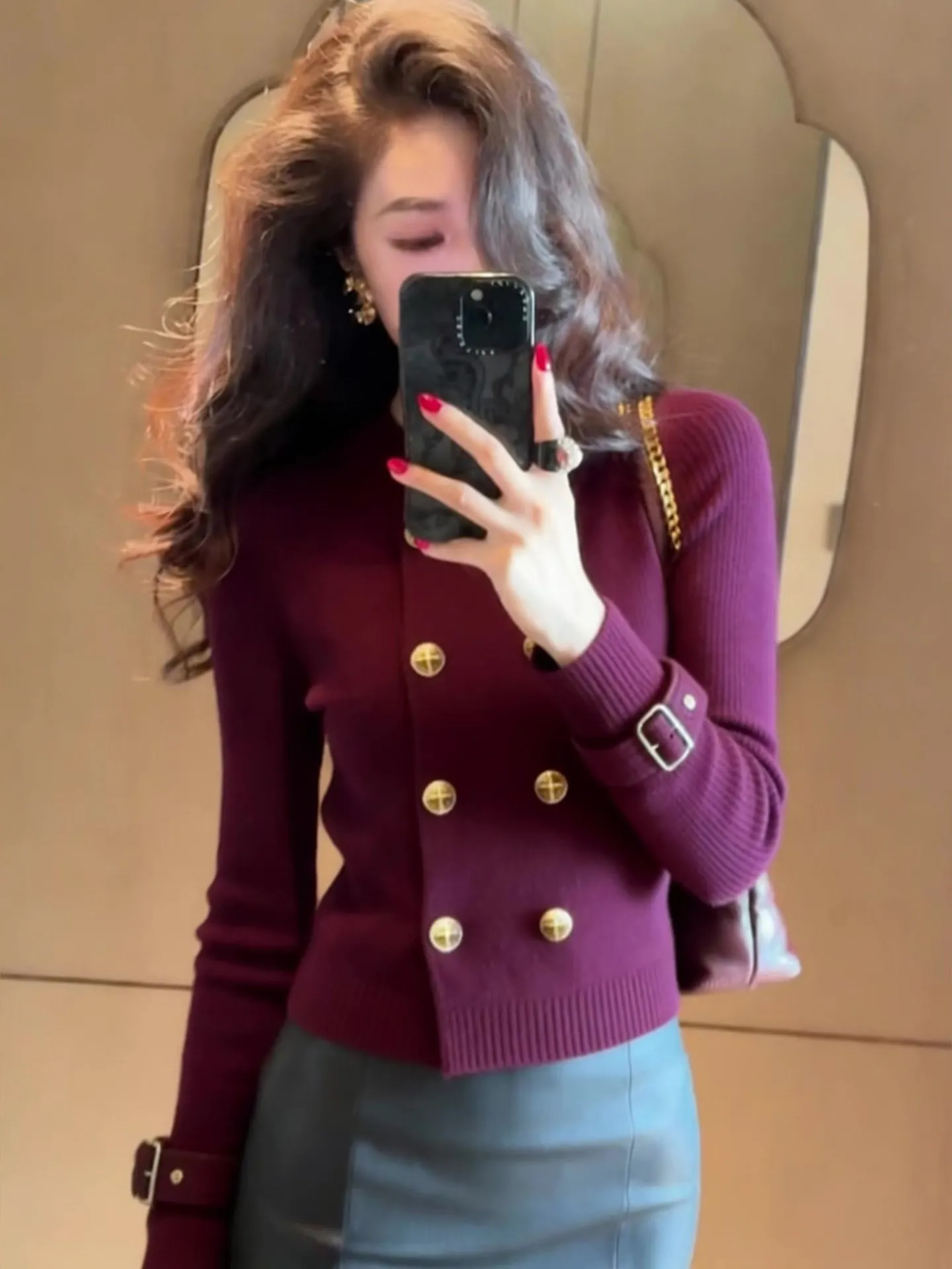 

Зима 202, женский приталенный длинный вязаный свитер свека с двойной пуговицей, фиолетовый, элитный, для поездок на работу, корейская версия