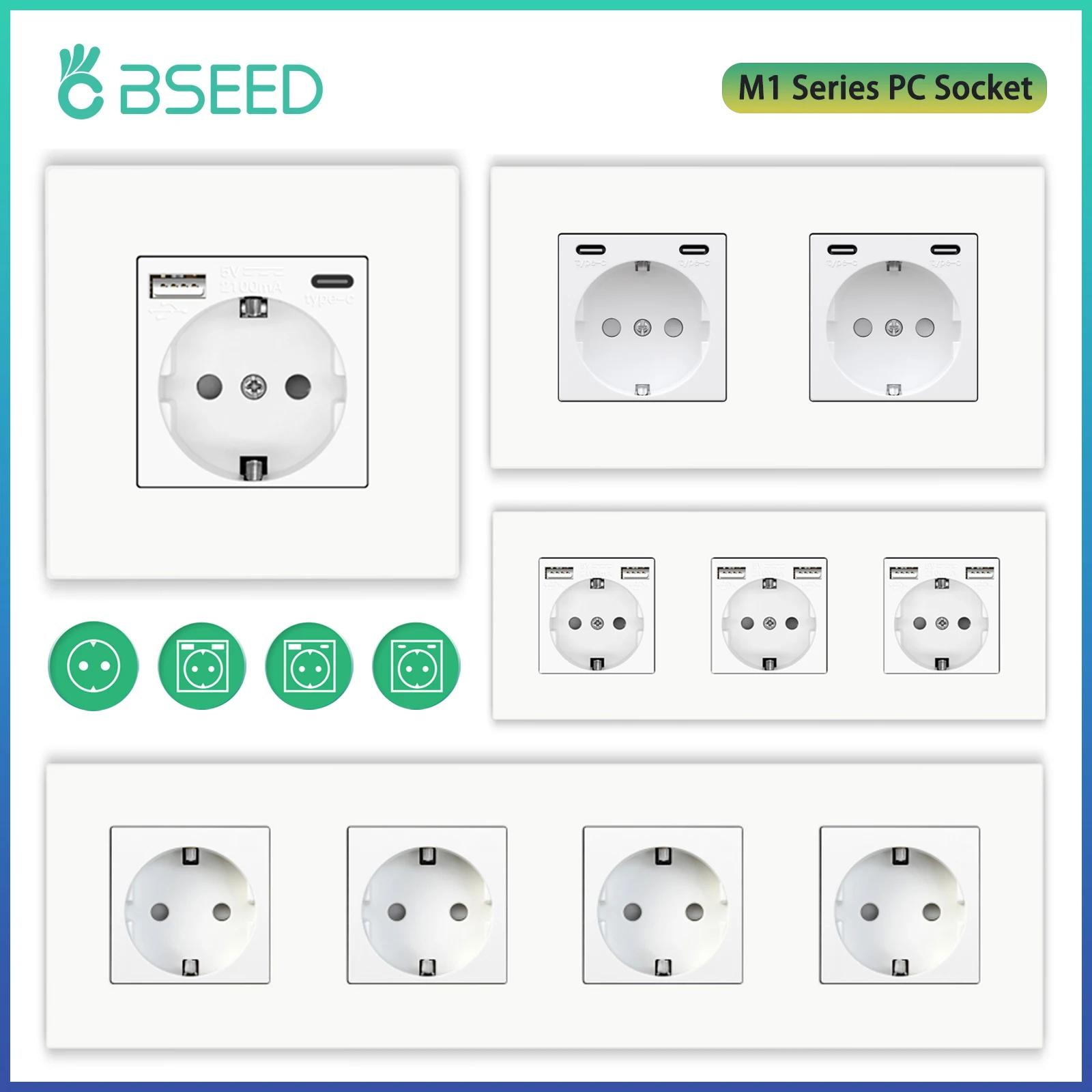 BSEED M1-Serie EU-Wandsteckdose, USB-Typ-C-Anschlusssteckdosen, doppelte Kunststoffrahmen-Steckdosen, dreifache Netzstecker, Kinderschutz, 16 A