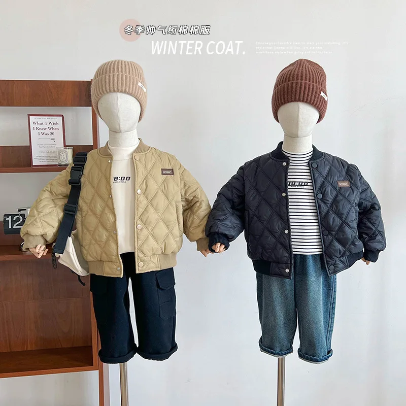 

Children's clothing Korean style versatile rhombus cotton-padded jacket fashion boys and girls western style baseball uniform