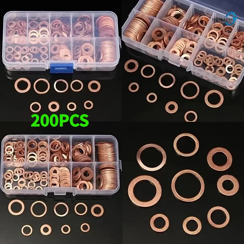 100/200 Uds caja de juntas de sello de aceite de cobre púrpura arandela de cobre juego de arandelas planas arandela de cobre 200 piezas