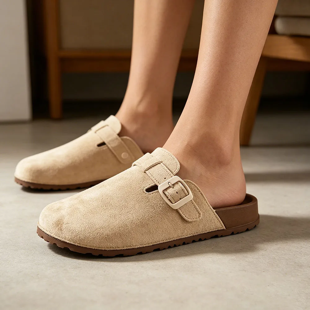 Womens Adjustable Buckle Strap Closed Toe Flat Mules Large Size Slip On Casual Daily Slipper Slides