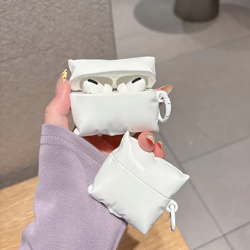 Cute Puffy Pillow Earphone Case Glossy Plastic Protective Cover With Keychain For AirPods 1 2 3 4 Pro Pro2 Pro3 Wireless Earbuds
