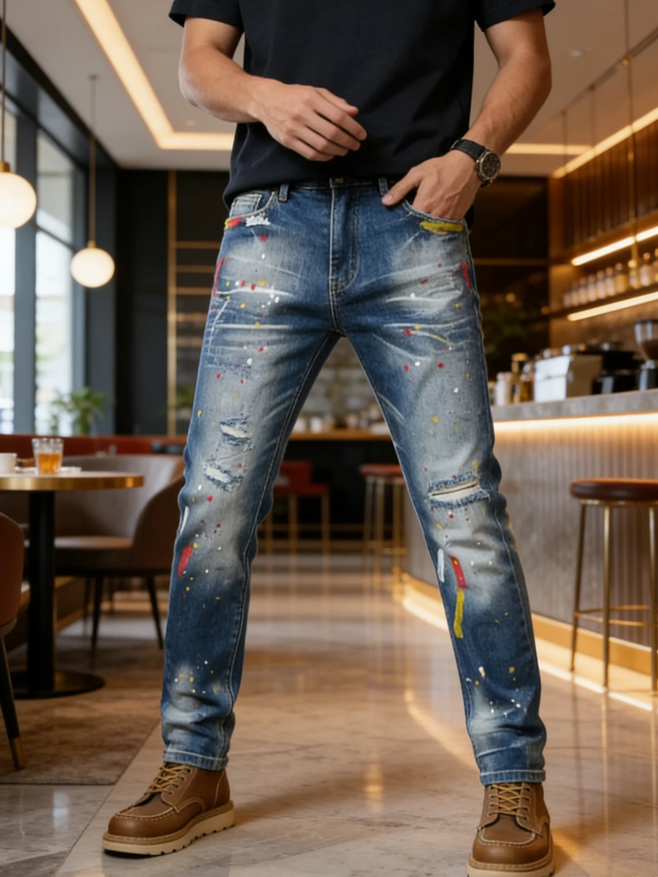 

American-style high street colorful splatter large ripped slim-fit jeans for men, washed to show a slim figure and elongated leg
