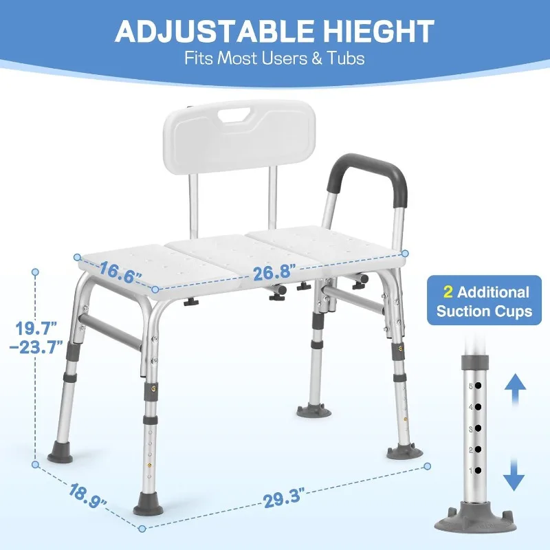 Detachable Aluminum Shower Bench Non-Slip Safety Bath Seat with Backrest and Armrest for Elderly Use