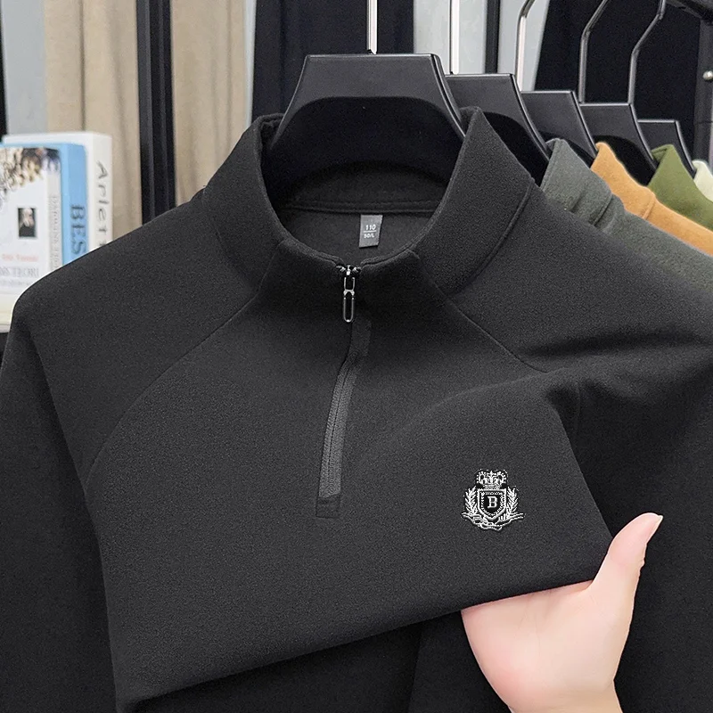 Men Long-Sleeved T-Shirt Mock Neck Half-Zip Double-Faced Velvet Fleece Exquisite Pattern Embroidery Autumn Winter Leisure Tops