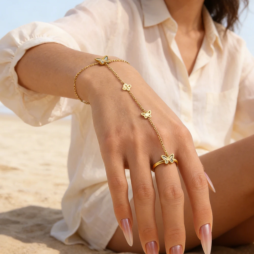 Shell Butterfly Chain Bracelet for Women Link Connected Gold Plated Stainless Steel Finger Ring Bracelets Hand Harness Jewelry