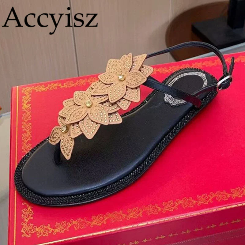 

New Summer Genuine Leather Minimalist Clip Toe Sandals Crystal Flower Design Flat Bottomed Sandalias Versatile Daily Dress Shoes