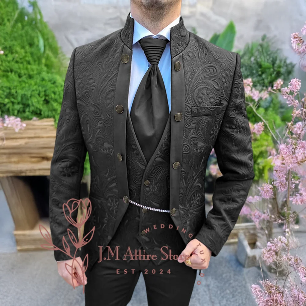 

Мужской костюм Haute Couture, черный изысканный жаккардовый комплект из 3 предметов, жилет и брюки, комплект для похудения для свадьбы, жениха, выпускного бала, концерта