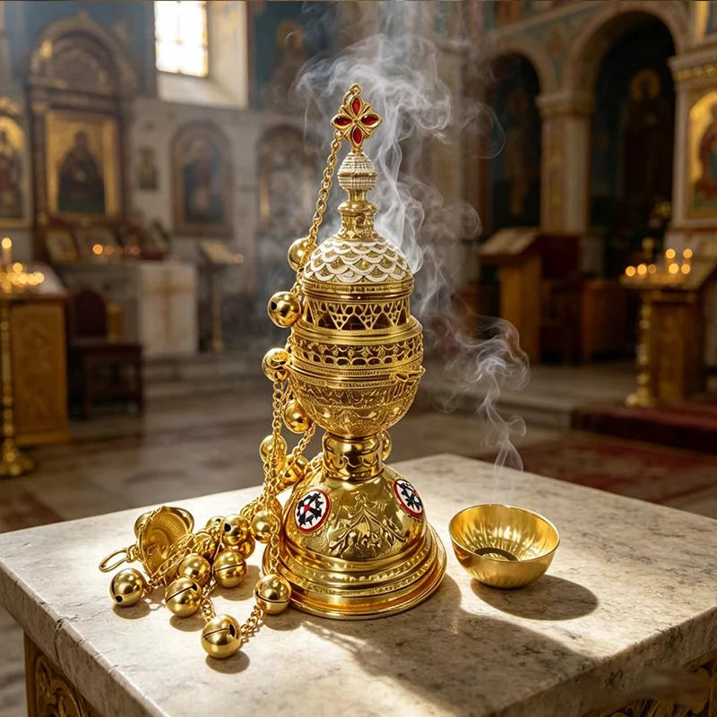 Neu2026 Vergoldeter Katholisch-Orthodoxer Hängender Weihrauchbrenner 32cm 4 Glocken Emaille für Kirchenliturgie Heimaltar Gebetsgeschenk Dekoration – Detail 4