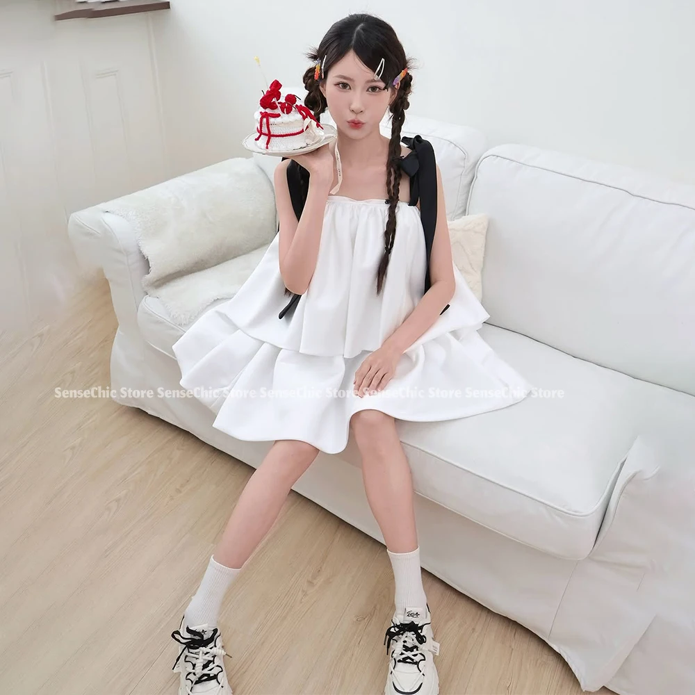 Mini vestidos de novia sin tirantes con lazo, falda extraíble sencilla de satén de Corea, sin mangas, con volantes, vestido de novia corto de fiesta personalizado