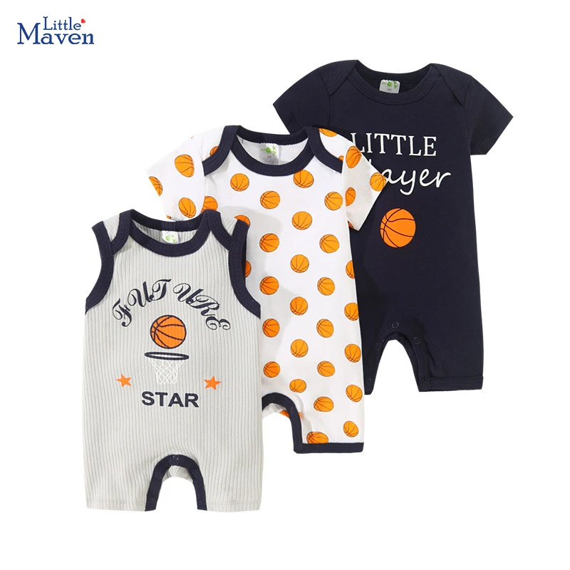 Little maven Toddler Jumpsuit 3pcs Set 2024 Summer Baby Boys One-Pieces Newborn Sports Basketball Romper Kids Clothes 0-2 years