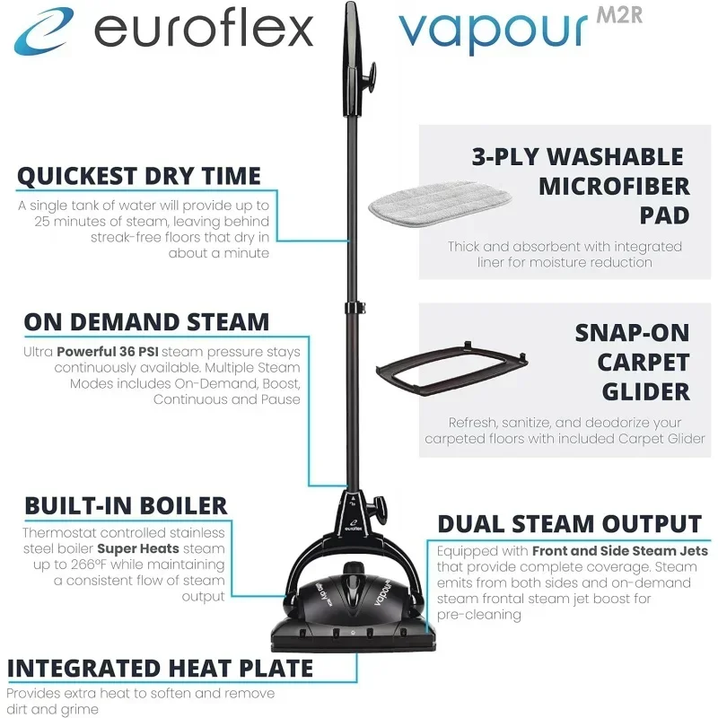 QWEuroflex Vapour M2R Steam Mop with Ultra Dry Steam™ Technology; Heavy-Duty Steam Cleaning Power at 266°F & 36 PSI; Engineere