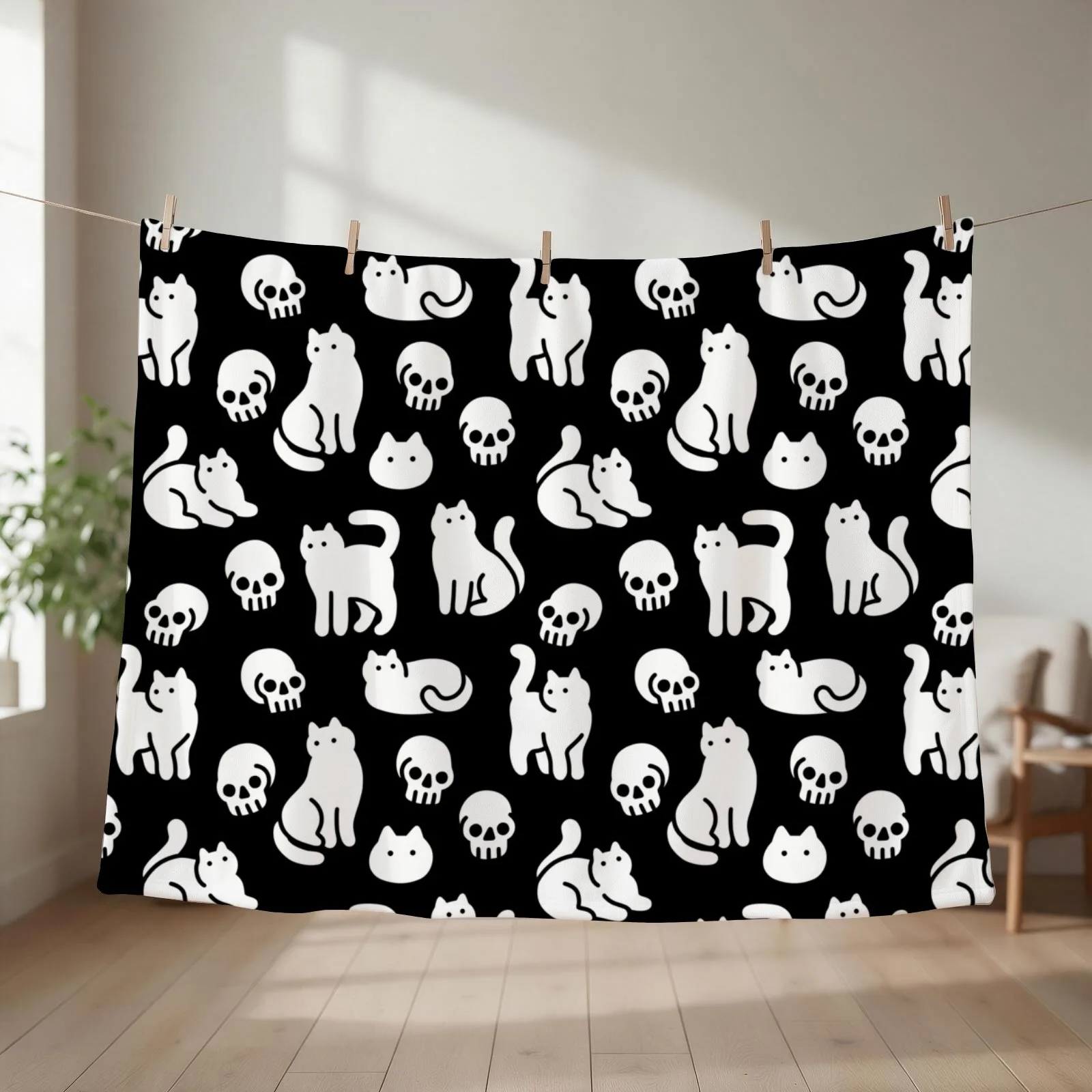 Cats and Skulls Pattern Throw Blanket Giant Sofa Decoratives Camping Decorative Sofa Blankets
