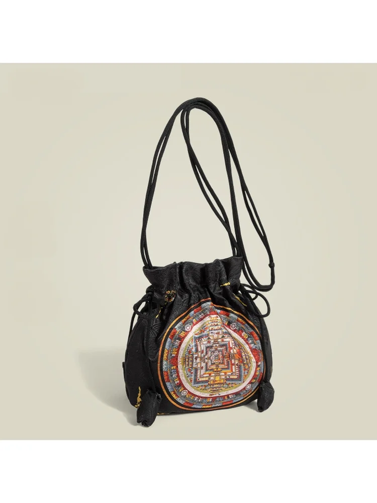 Chinese Style Retro Hanfu Women Bag Elegant Printed Unique Colorful Geometric Butterfly Bamboo Soft Exquisite Drawstring Handbag