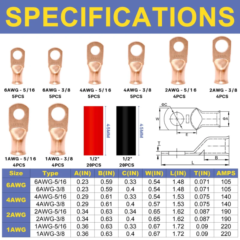 76PCS Copper Wire Lugs With Heat Shrink Tube 3:1 Kit,Heavy Duty Battery Cable End,Bare Copper Crimp Connectors