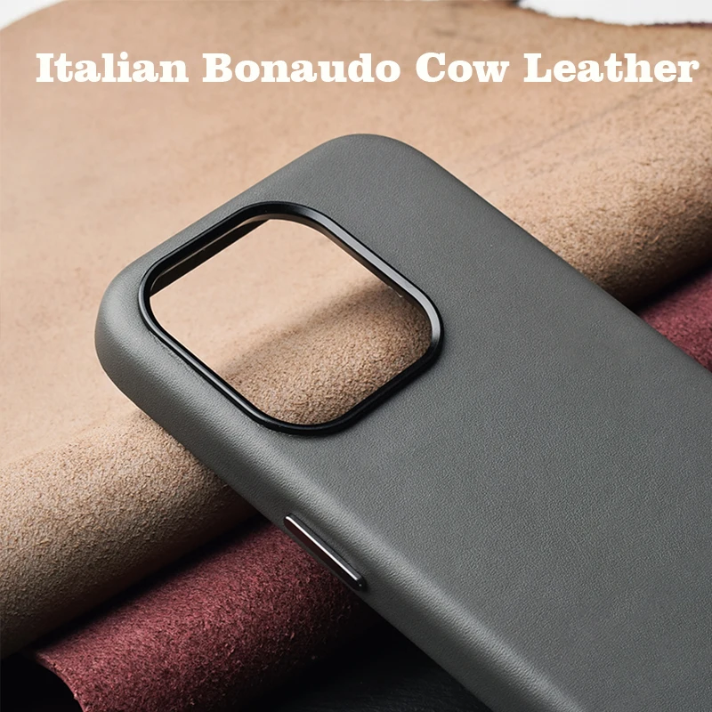 

Italian Bonaudo Leather Case For iPhone 15 Pro Max Luxury Real Skin Phone Back Cover For Apple iPhone 15 Pro Magnetic Grey Color