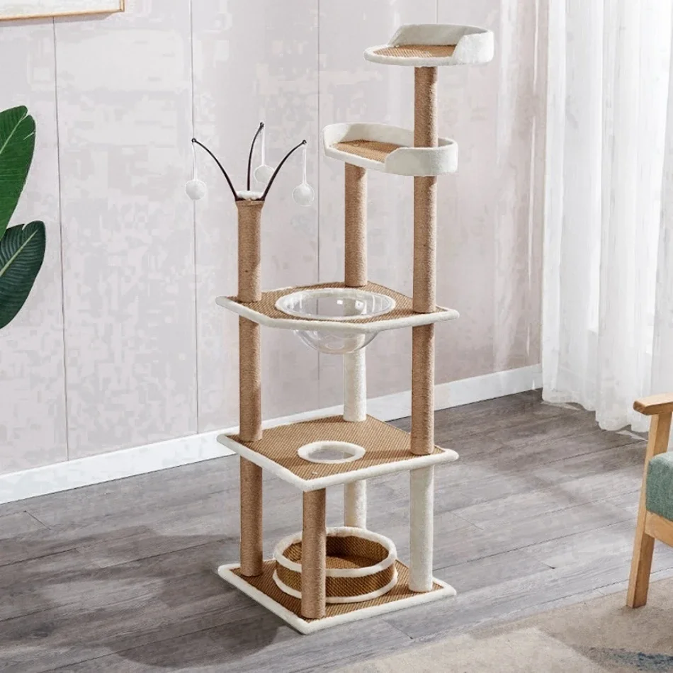 4 Layer Wooden Cat Tree HouseRattan Mat Cat Tower With Sisal Rope Cat Scratching Posts