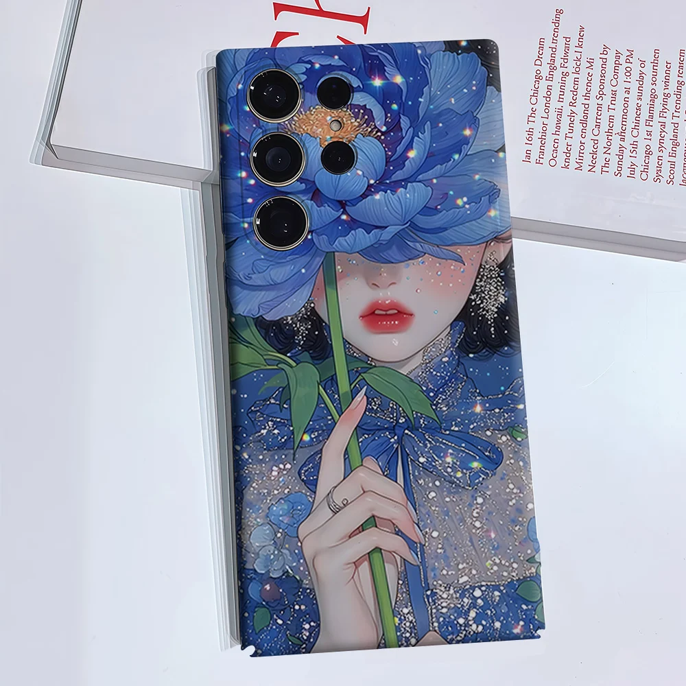 Girl Blue Peony Sparkle For Samsung Galaxy S26 S25 S24 A56 A36 Dual Layer Luxury Fashion Full Lens Protective Case