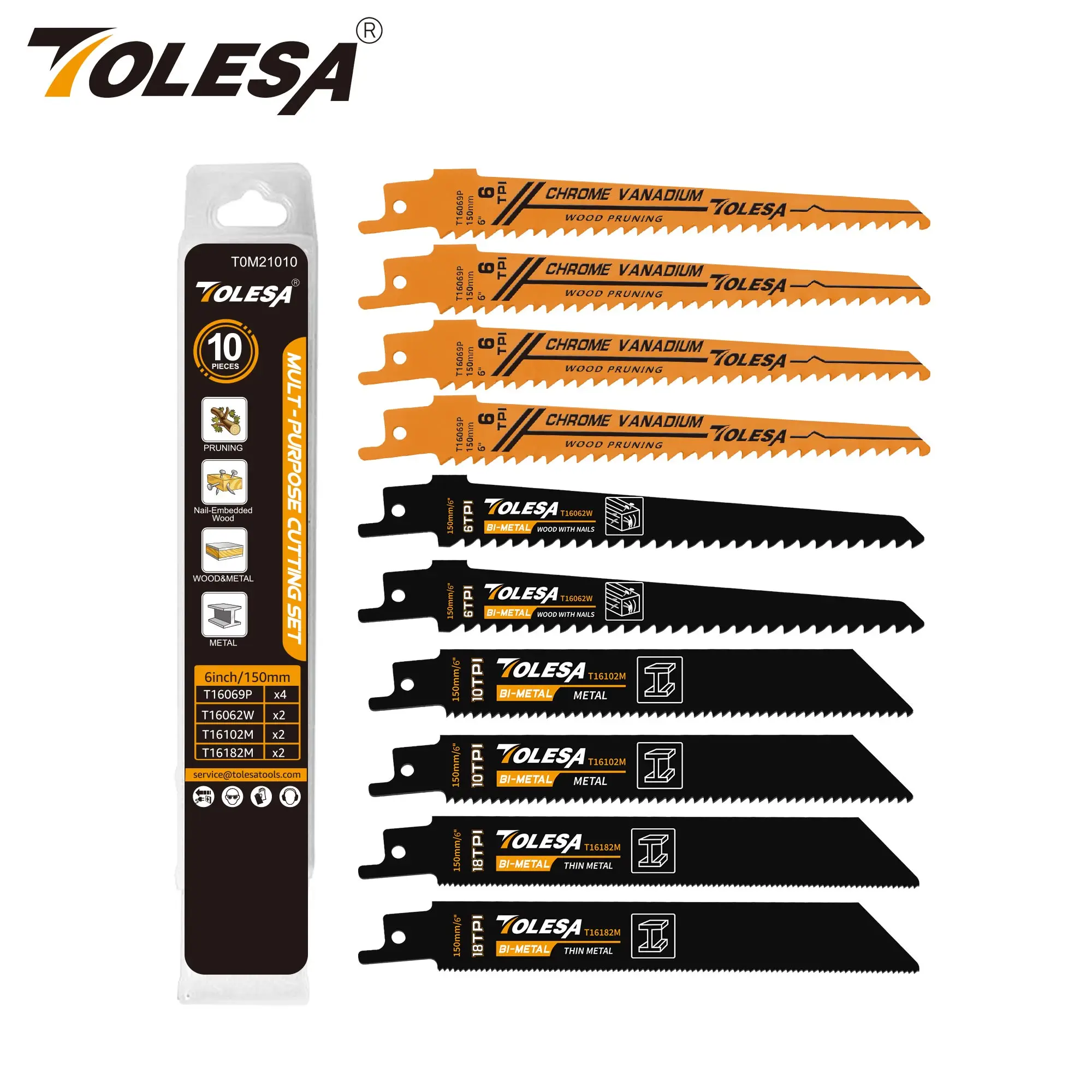 TOLESA 10PCS Lame per sega alternativa per potatura del legno Taglio in PVC per taglio di metalli Lame per sega per demolizione di porte e finestre