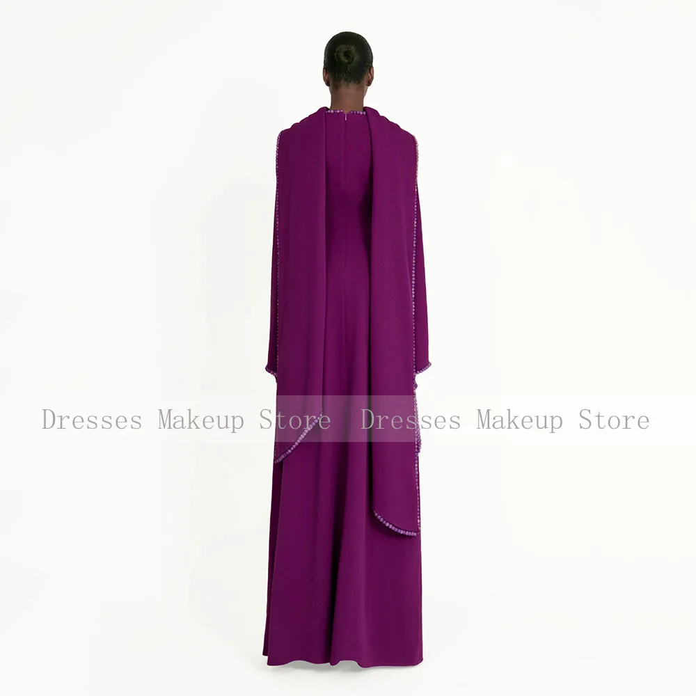 Modest Evening Dress Purple Pearls O Neck Long Sleeves 2025 Women's Evening Gowns Long A Line Formal Party Dresses with Scarf image 2