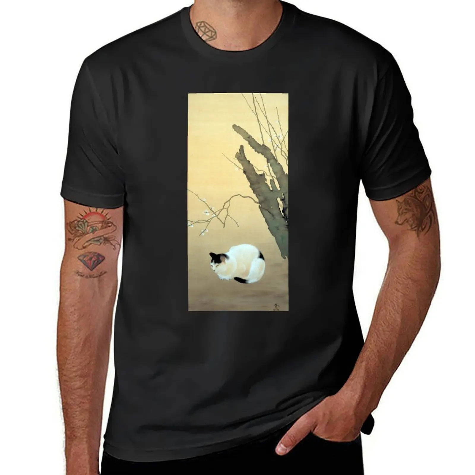 Hishida Shunso Cat and Plum Blossoms T-Shirt vintage sports fans sweat shirts, men