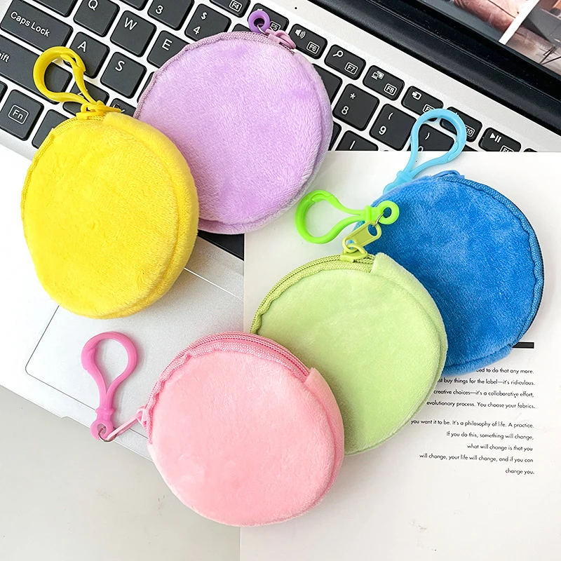 Simple Solid Color Plush Round Coin Purse For Women Men Portable Mini Coin Bag Keychain Fashion Mini Headset Bag Kids Gifts