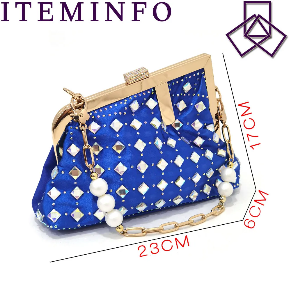 Italian Design Luxury Women\'s Shoes And Clutch Blue Color Full Diamond Decoration Metal Closure Bag for Wedding Party