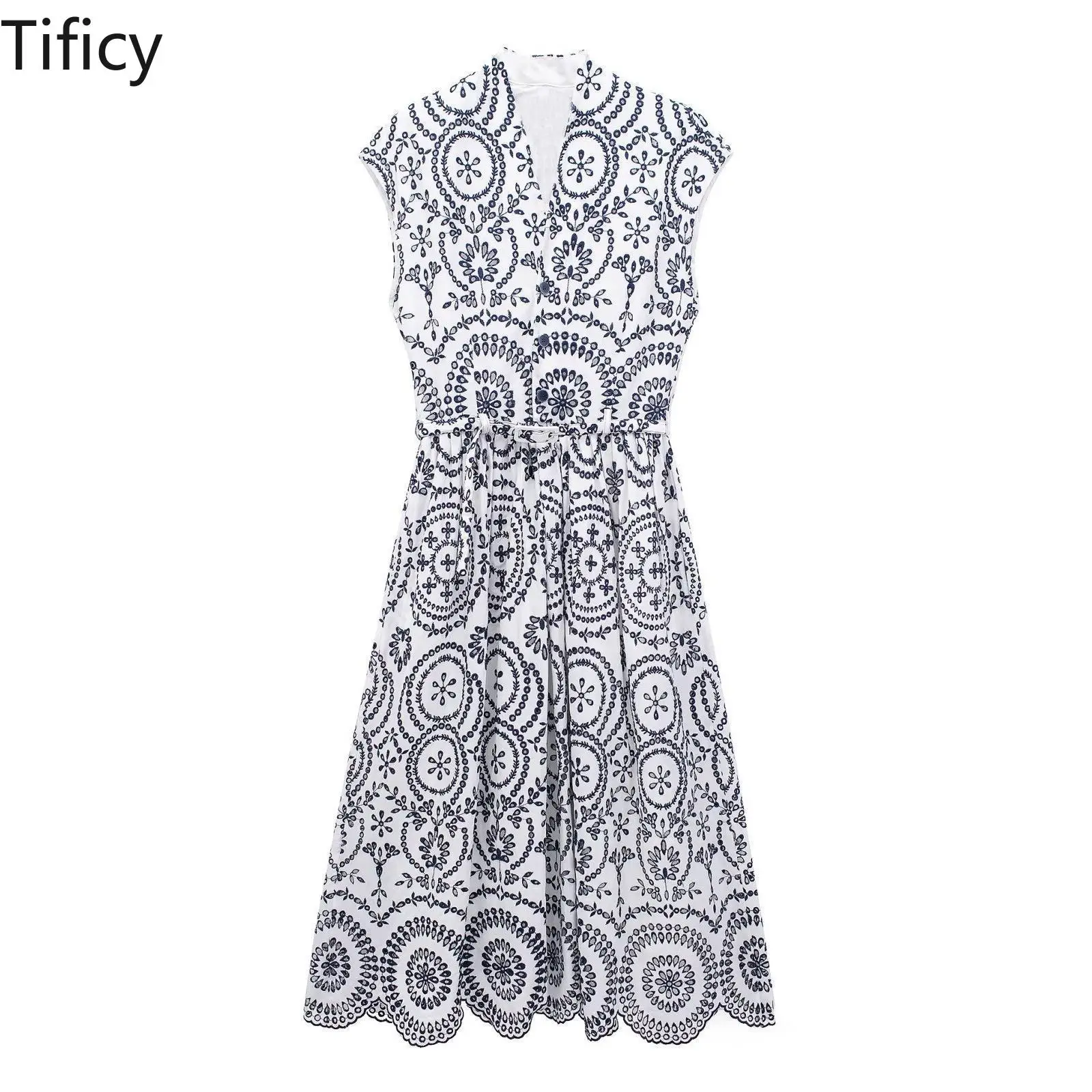 

TIIFICY Summer Cotton New Women's Wear Print Contrast Embroidery Sleeveless Long Belt Dress Female Party Beach Dresses