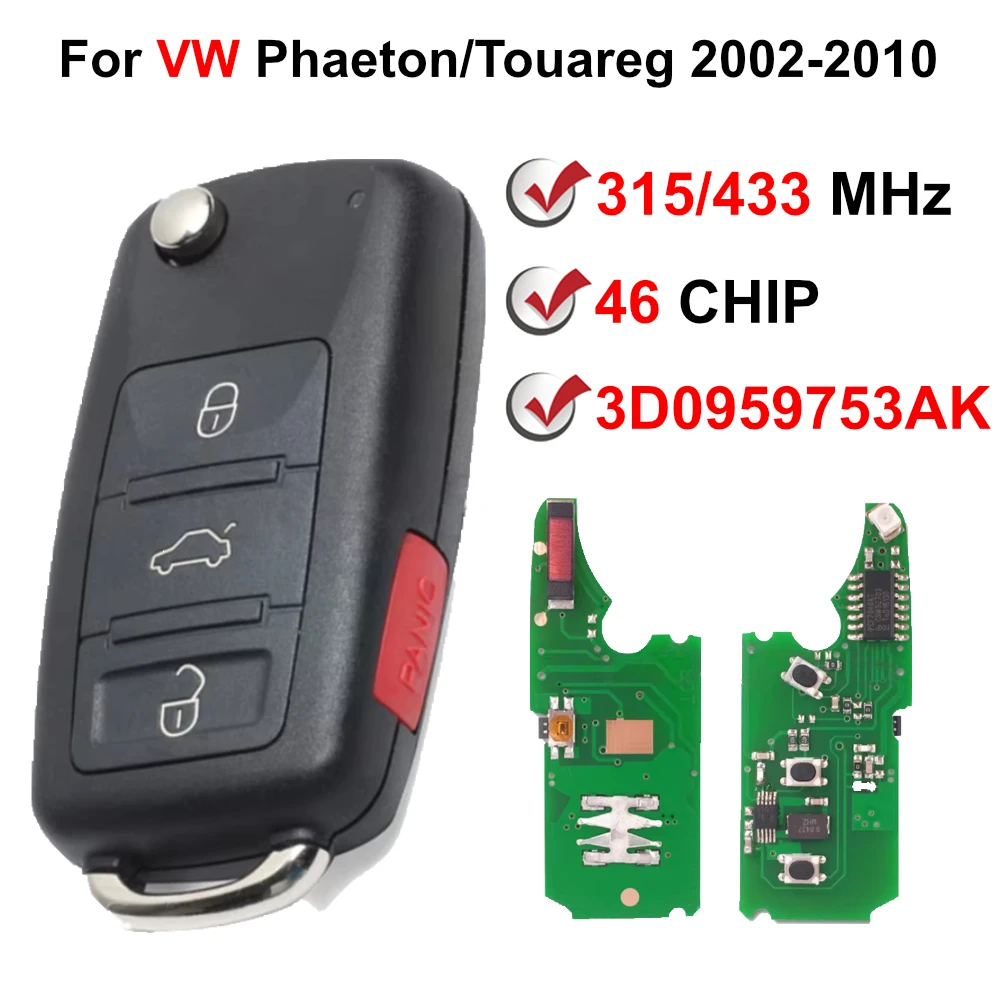 3D 0959753 AK PCF7946 CHIP 315/433 MHz Flip Remote Key Fob Para VW Volkswagen Phaeton Touareg 2002-2010