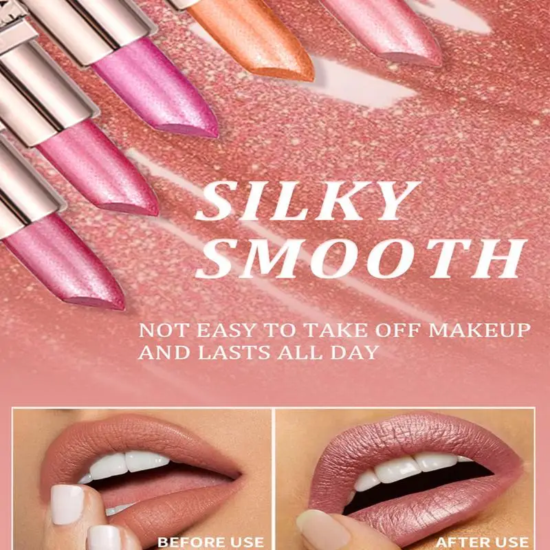 6pcs Shimmer Lipstick Set Red Glitter Lipstick Waterproof Long Lasting Diamond Pearlescent Metallic Lipstick Tinted Lip Balm