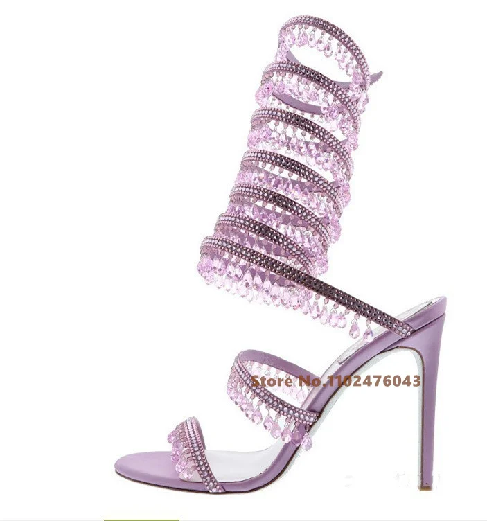 

Tassel Crystal Wrapped Ankle Sandals Women Summer New Open Toe Stiletto Heel Slip On Sexy Bightclub Banquet Party Sandals