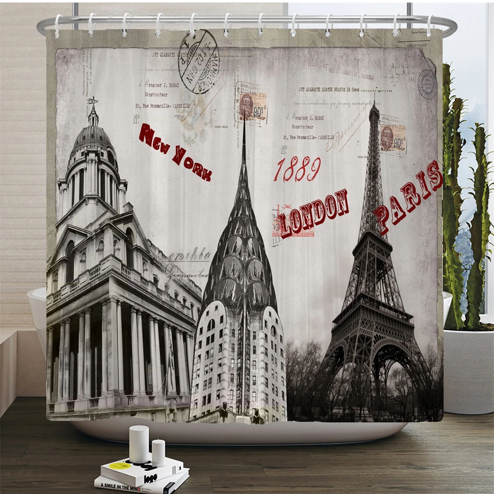 Vintage Scenery Paris Tower Home Decor Waterproof Shower Curtain Set with 12 Hooks Toilet Covers Bath Mats Bathroom Non-slip Rug