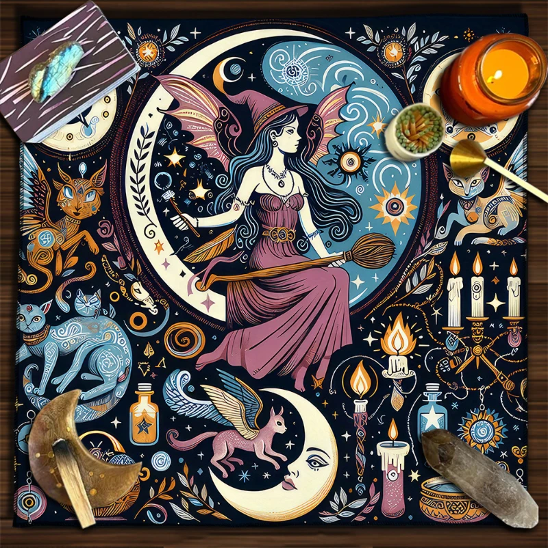 Black Cat Pentacle Wheel Of The Year Tarot Altar Cloth Divination Spread Mat Witchcraft Astrology Wiccan Home Decor