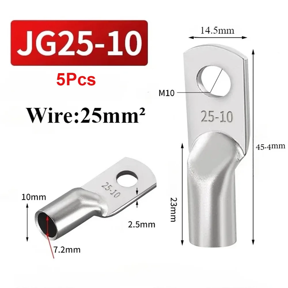 5Pcs JG Series Tinned Copper Cable Lug 14-2AWG M6/M8/M10/M12 Battery Cable Terminal 6/10/16/25mm2 Tinned Copper