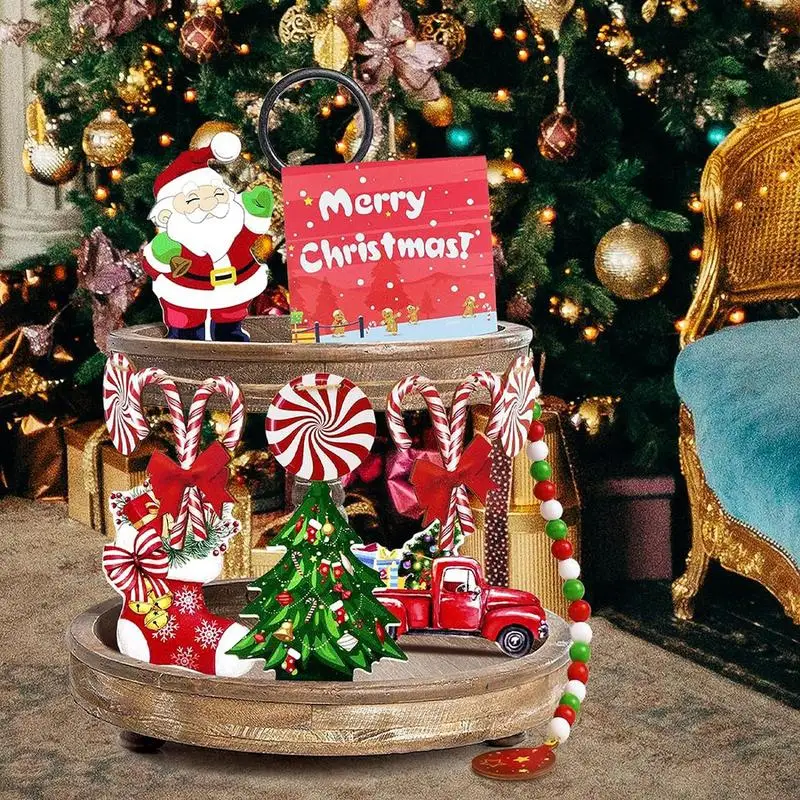 Christmas Tiered Tray Decor Christmas Tree Santa Candy Cane Wooden Sign Tray Winter Themed Party Supplies Christmas decoration