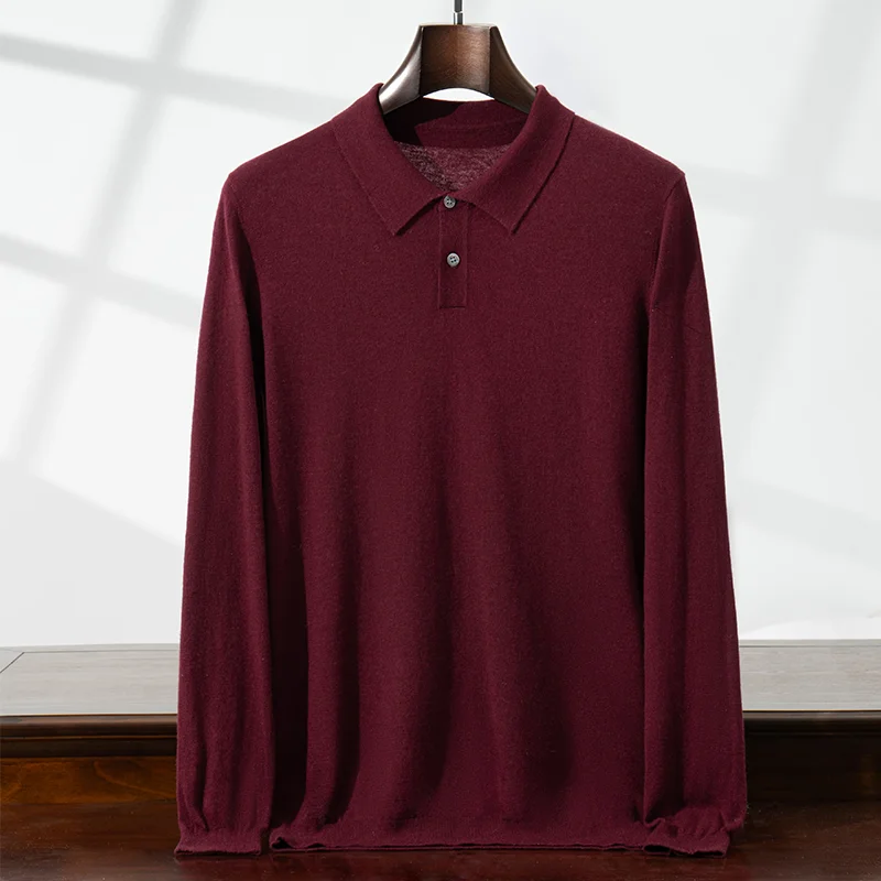 

Мужской свитер из 100% камвольной шерсти, повседневный вязаный пуловер свободного кроя, джемпер с воротником-поло, топ на весну/осень, высокое качество