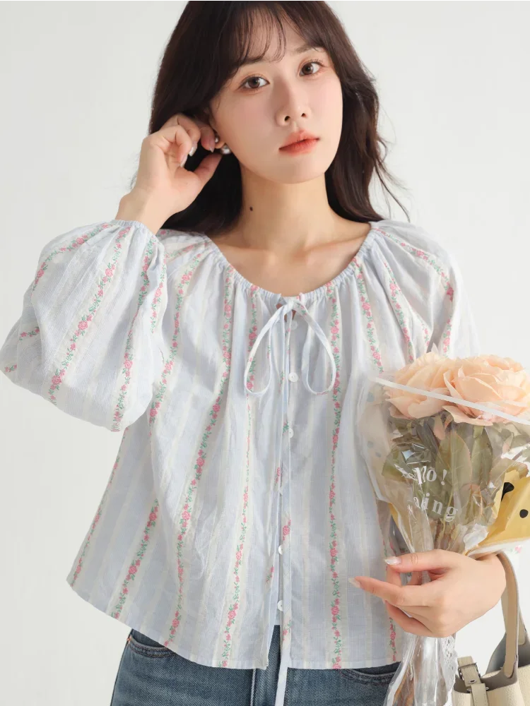 

Women's Round Neck Tie Blouse with Lantern Sleeves | Sweet Striped Short Top for Autumn | Casual Slimming Loose Fit Shirt