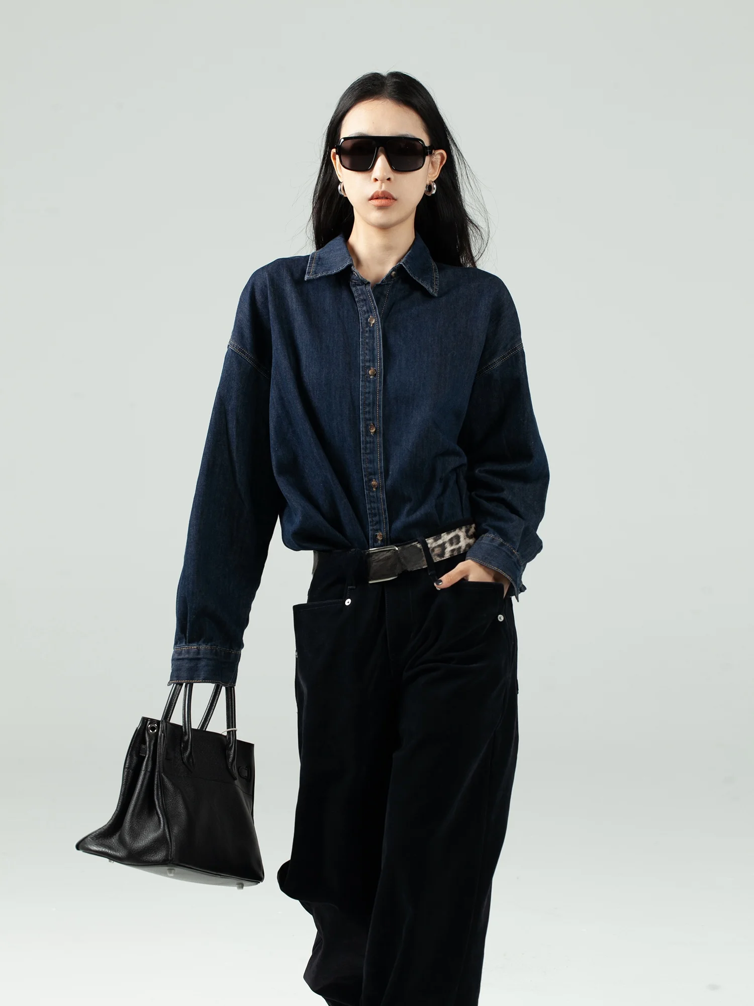

Casual Sle Loose Fit Long Sve Cotton Polyester Blend Antibacterial irt Women's Mid-Length T Top in Original Denim ...