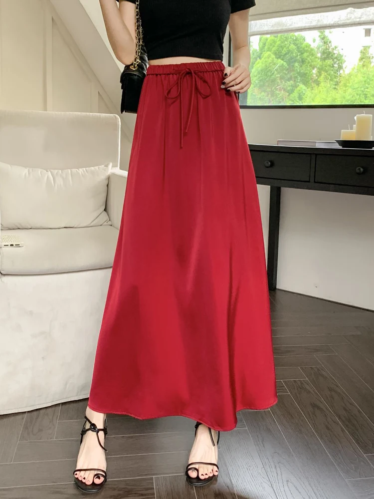 

Fashion Elastic Lace Up All-match Solid Color Satin Skirts Female Clothing 2024 Summer New Loose Casual High Waist Skirts